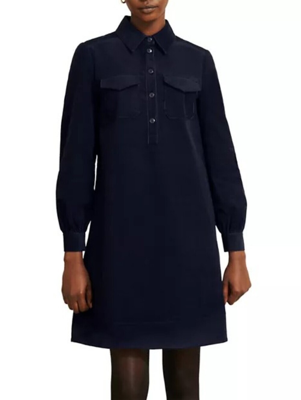 Hobbs Navy Blue Corduroy Classic Long-Sleeve Shirt Dress with Patch Pockets Sz 6